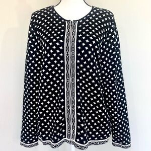 Foxcroft Black and Ivory Women's Full zip Cotton Star Cardigan Top Sweater Large